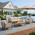 4 PCS Outdoor Patio Furniture Set, Acacia Wood Conversation Set with Teak Finish Frame, Beige Woven Rope & Water-Repellent Fabric Cushion, Including 3-Seat Sofa, 2 Clubchairs & Coffee Table for Garden