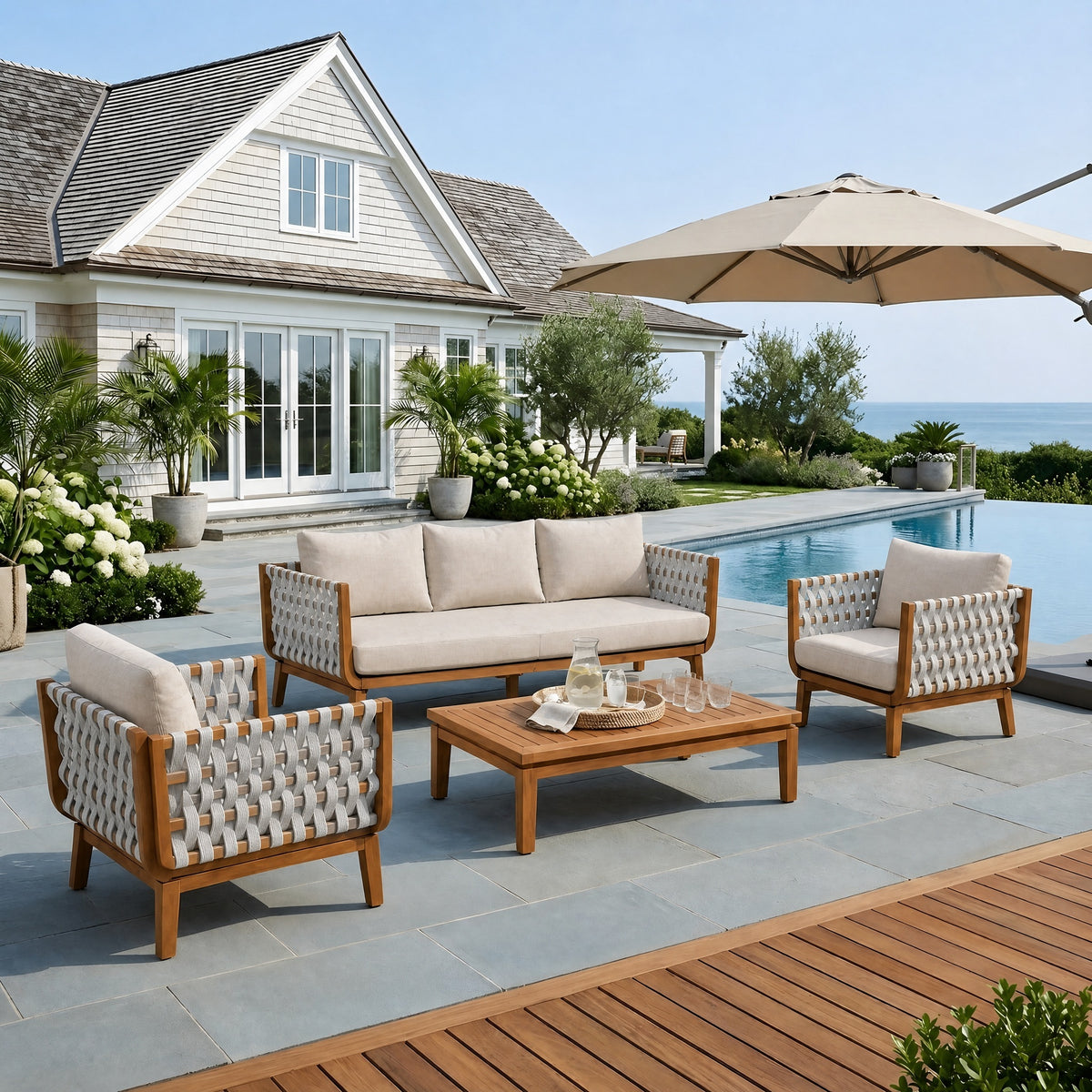 4 PCS Outdoor Patio Furniture Set, Acacia Wood Conversation Set with Teak Finish Frame, Beige Woven Rope & Water-Repellent Fabric Cushion, Including 3-Seat Sofa, 2 Clubchairs & Coffee Table for Garden