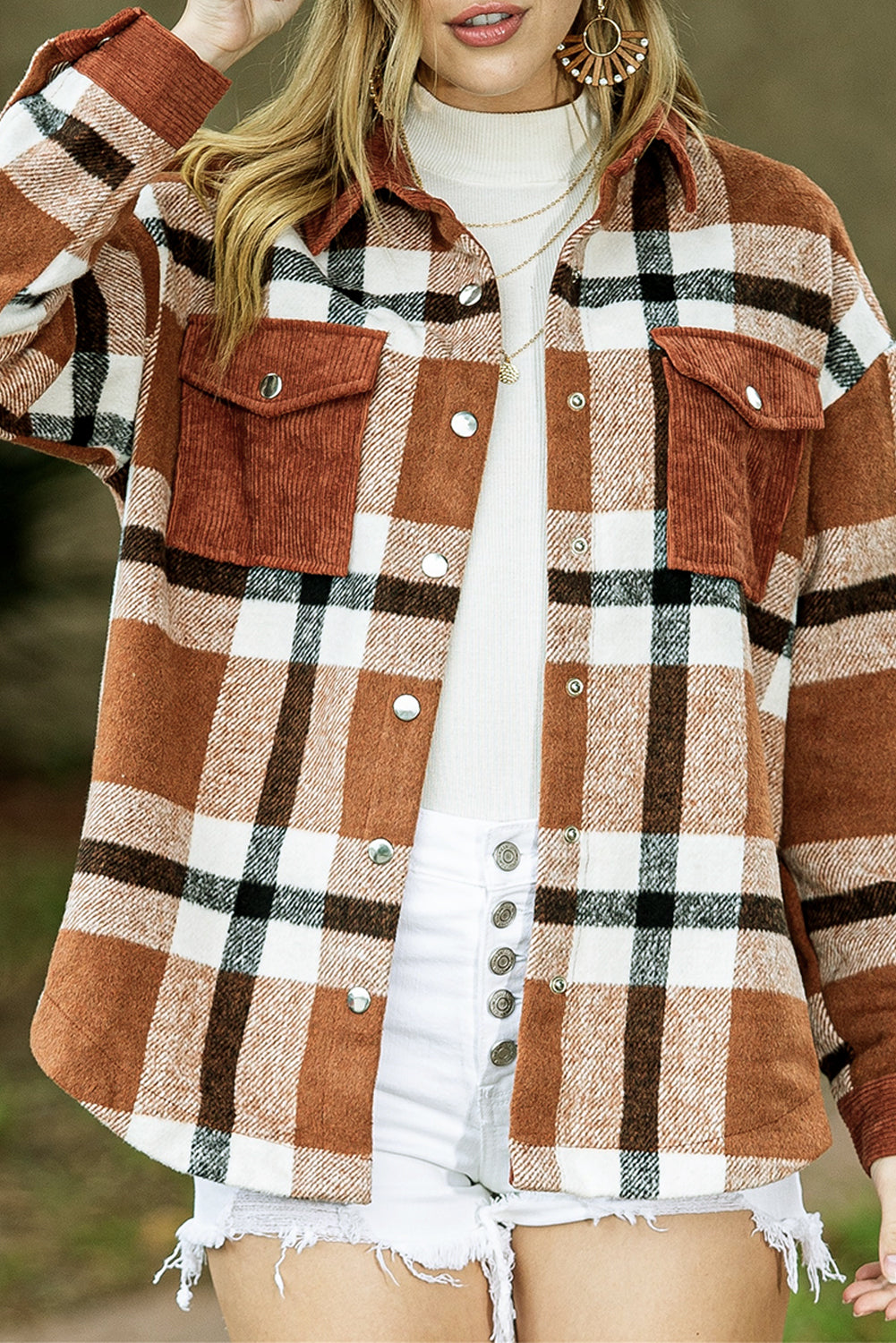 Brown Plaid Pocket Casual Buttons Up Shirt Shacket - Eloy Royal