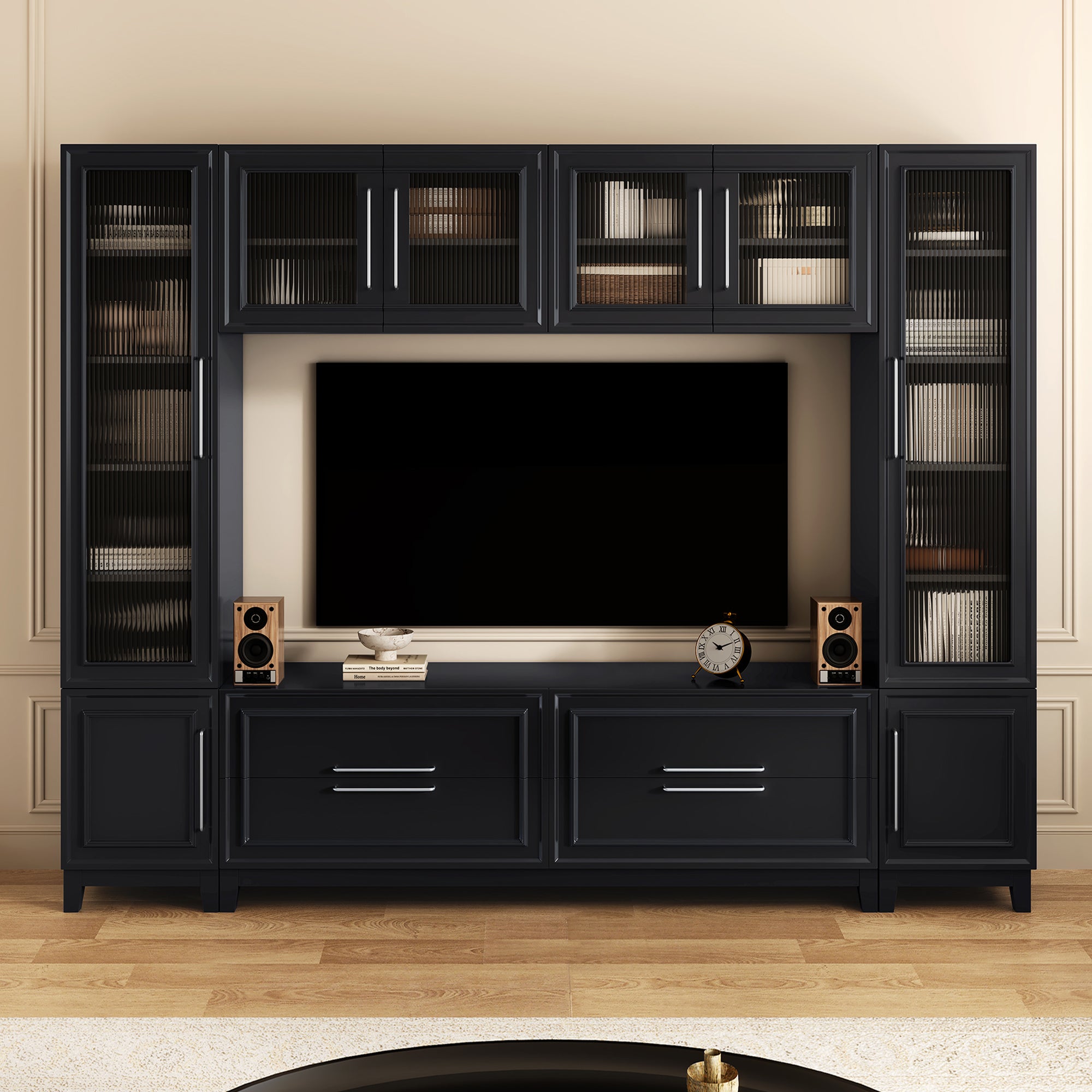 VIBE HAUS 102' W Wall Unit Modern Entertainment Center with Glass Doors for TVs up to 75', Large Minimalist TV Stand Media Console with Drawers for Living Room