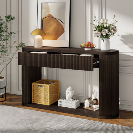 TREXM  Oval Fluted Console Table with 2 Drawers and Bottom Shelf, Wood Entryway Table with Smooth Metal Slides for Living Room, Entryway (Espresso)