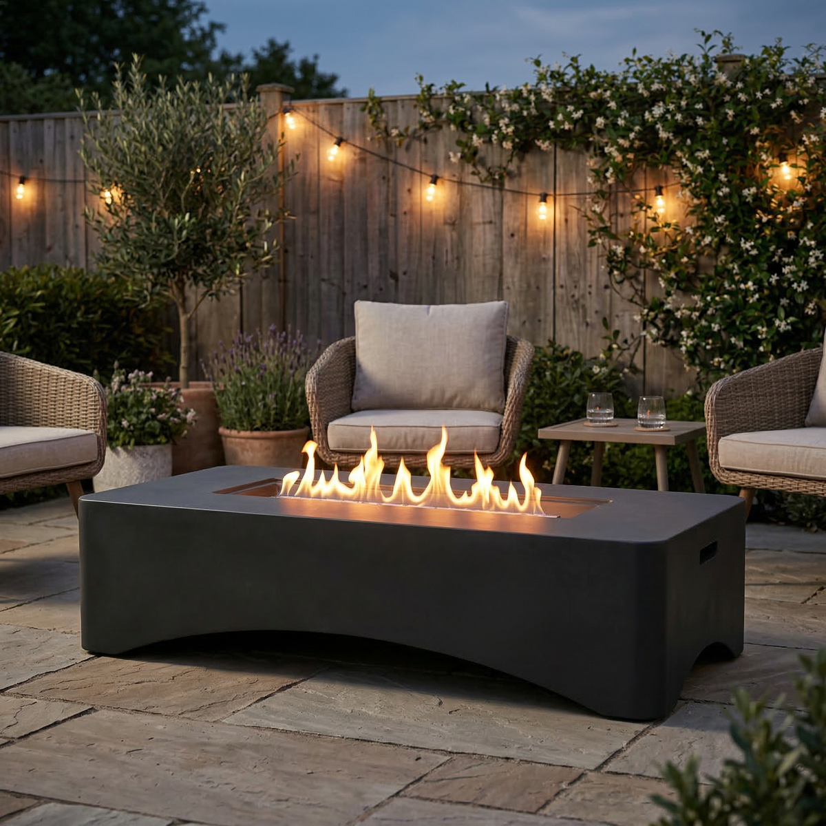56' Propane Fire Pit Table, Rectangular Outdoor Gas Fire Pit 50,000 BTU, Modern Minimalist Fire Table for Patio Backyard Deck, Concrete Firepit with Waterproof Cover, Lava Rocks & Tank Seat –Dark Grey
