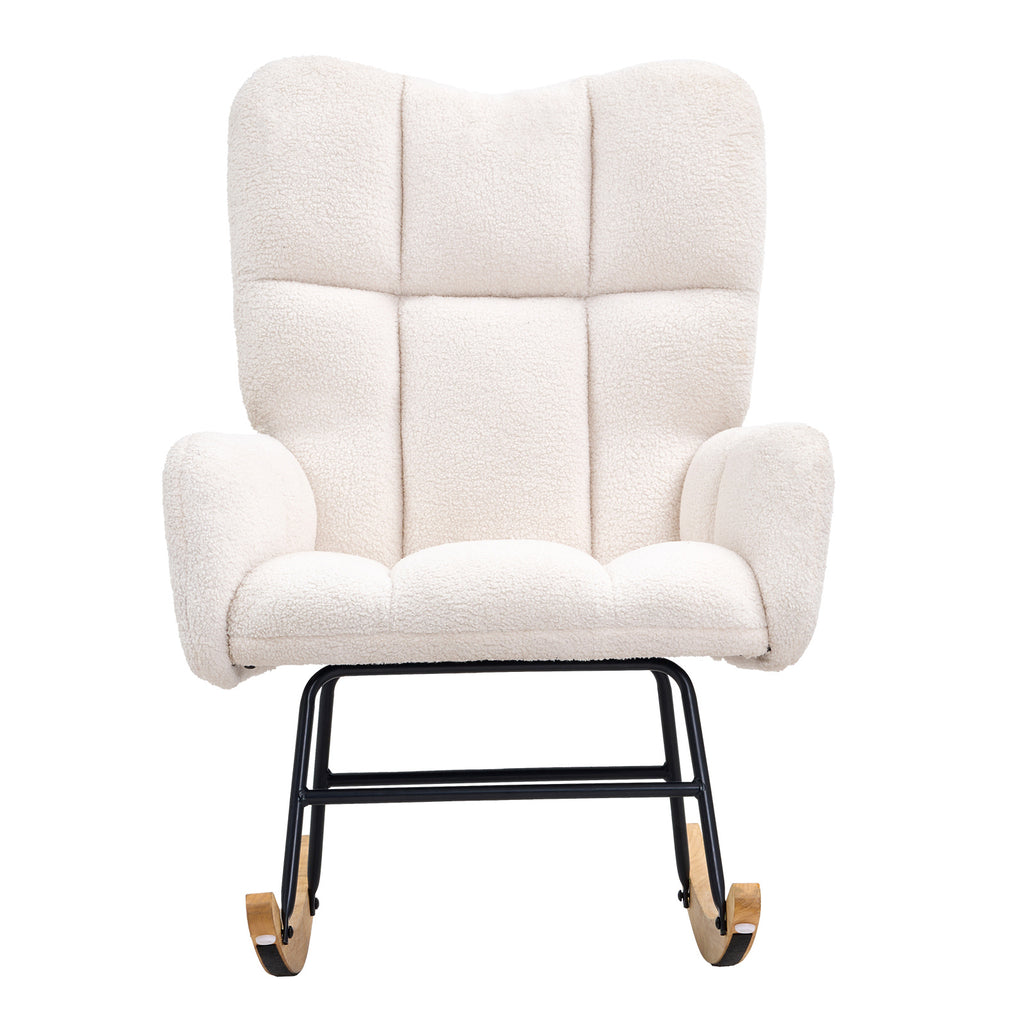 Rocking Chair Nursery, Glider Rocking Chair with Soft Seat and High Backrest, 250 lbs Weight Capacity Teddy Fabric, Upholstered Glider Rocker Chair for Nursery, Bedroom, Living Room, Ivory White