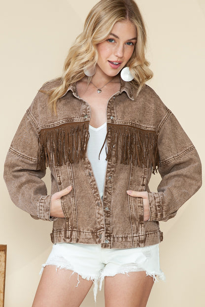 Wholesale Brown Rhinestone Fringe Vintage Denim Jacket - Eloy Royal