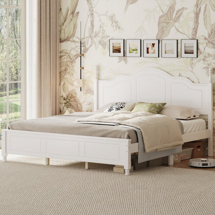 King Size Platform Bed Frame with Retro Wave Headboard, Wooden Slat Support, No Box Spring Needed,  Easy Assembly, Sturdy Structure ,Bedroom Furniture with Classic Vintage Design,White