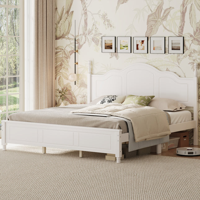 King Size Platform Bed Frame with Retro Wave Headboard, Wooden Slat Support, No Box Spring Needed,  Easy Assembly, Sturdy Structure ,Bedroom Furniture with Classic Vintage Design,White
