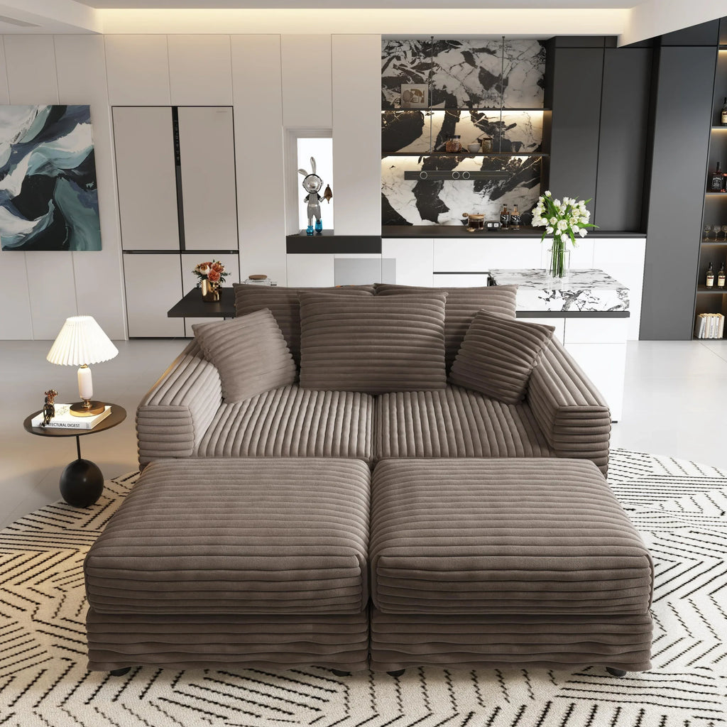 82.7 'Plush Corduroy 3-Seat Sofa,Modern Comfy Upholstered Sofa Cloud Couch,Deep Seat Couches with Soft Pillows and 2 Ottomans,Convertible Sofa Lounge Chair,for Living Room,Apartment,Camel - Eloy Royal