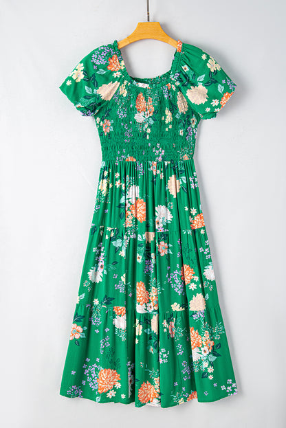 Green Floral Print Bubble Sleeve Smocked Tiered Midi Dress - Eloy Royal