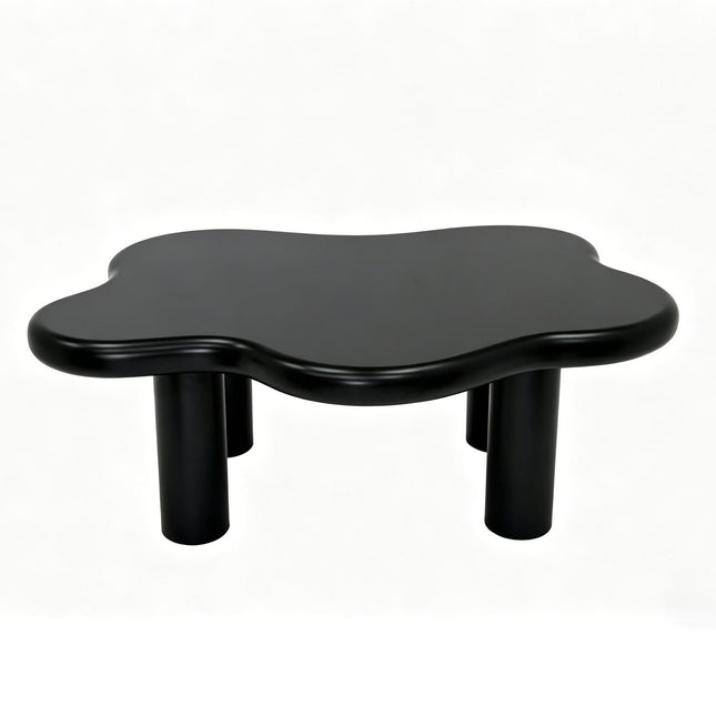 Cloud-Shaped Coffee Table with 4 Round Legs, Black MDF, 40-Inch Living Room Centerpiece