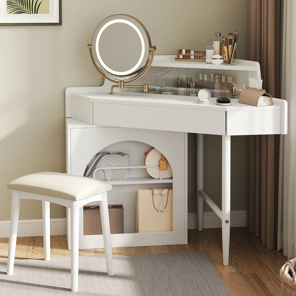 Corner Makeup Vanity Desk With Mirror & LED Lights, Modern Vanity Set With Mirror And Stool, Dressing Table With Large Storage For Small Place, Brightness Adjustable Folding Mirror, White - Eloy Royal