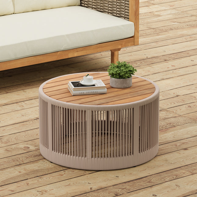 Outdoor Rattan rope & Acacia Wood Coffee Table - Patio Balcony Furniture