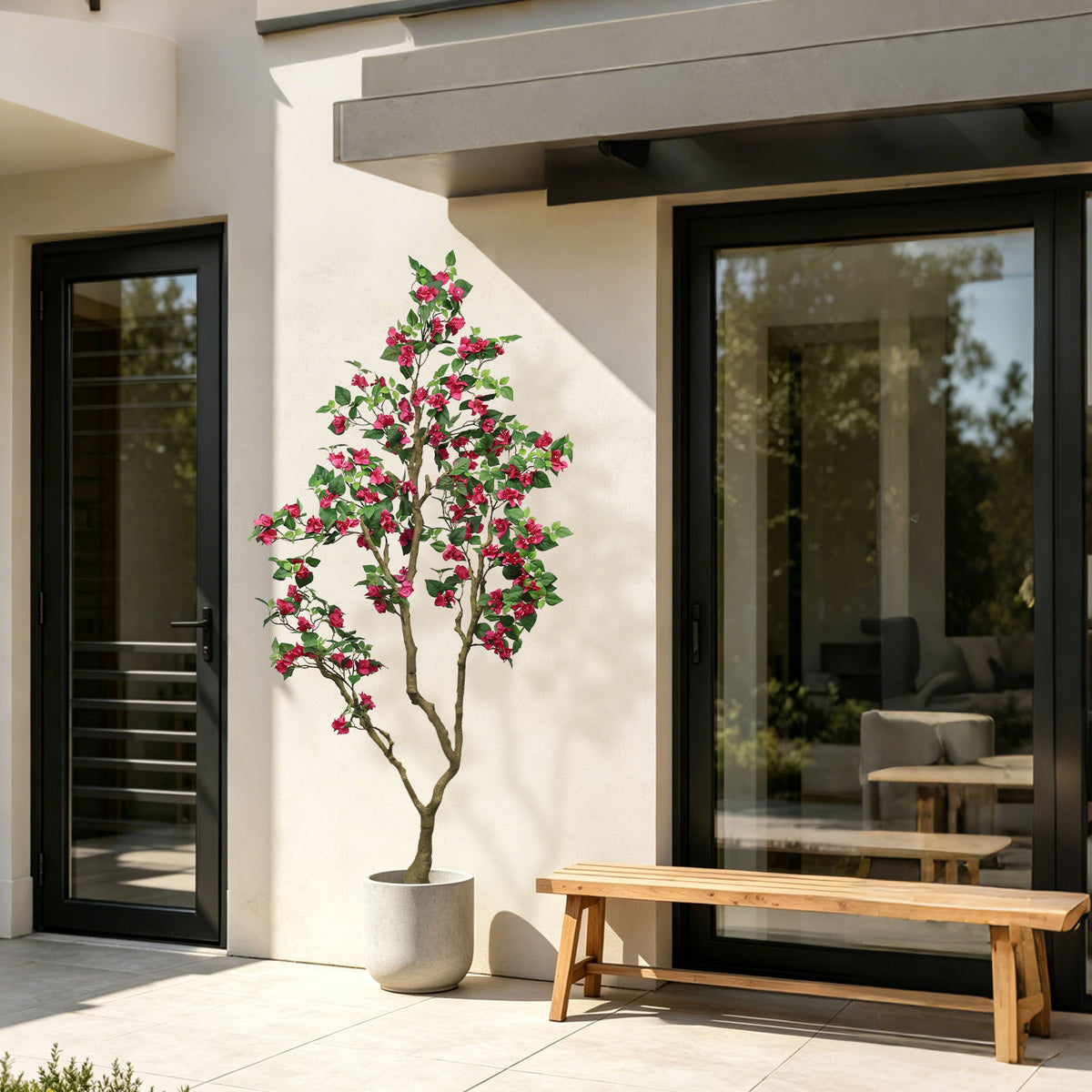 7FT Artificial Bougainvillea Tree with Realistic Rose Red Silk Flowers, Tall Faux Flowering Plant in Pot for Indoor Outdoor Home, Living Room, Patio Decor,1pc/set,with white basin, non-removable
