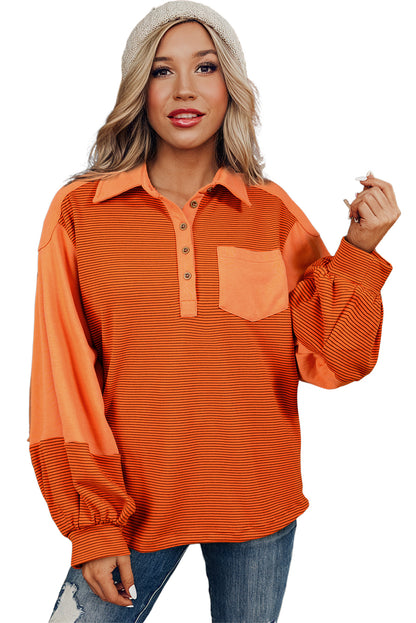 Orange Exposed Seam Puff Sleeve Henley Sweatshirt