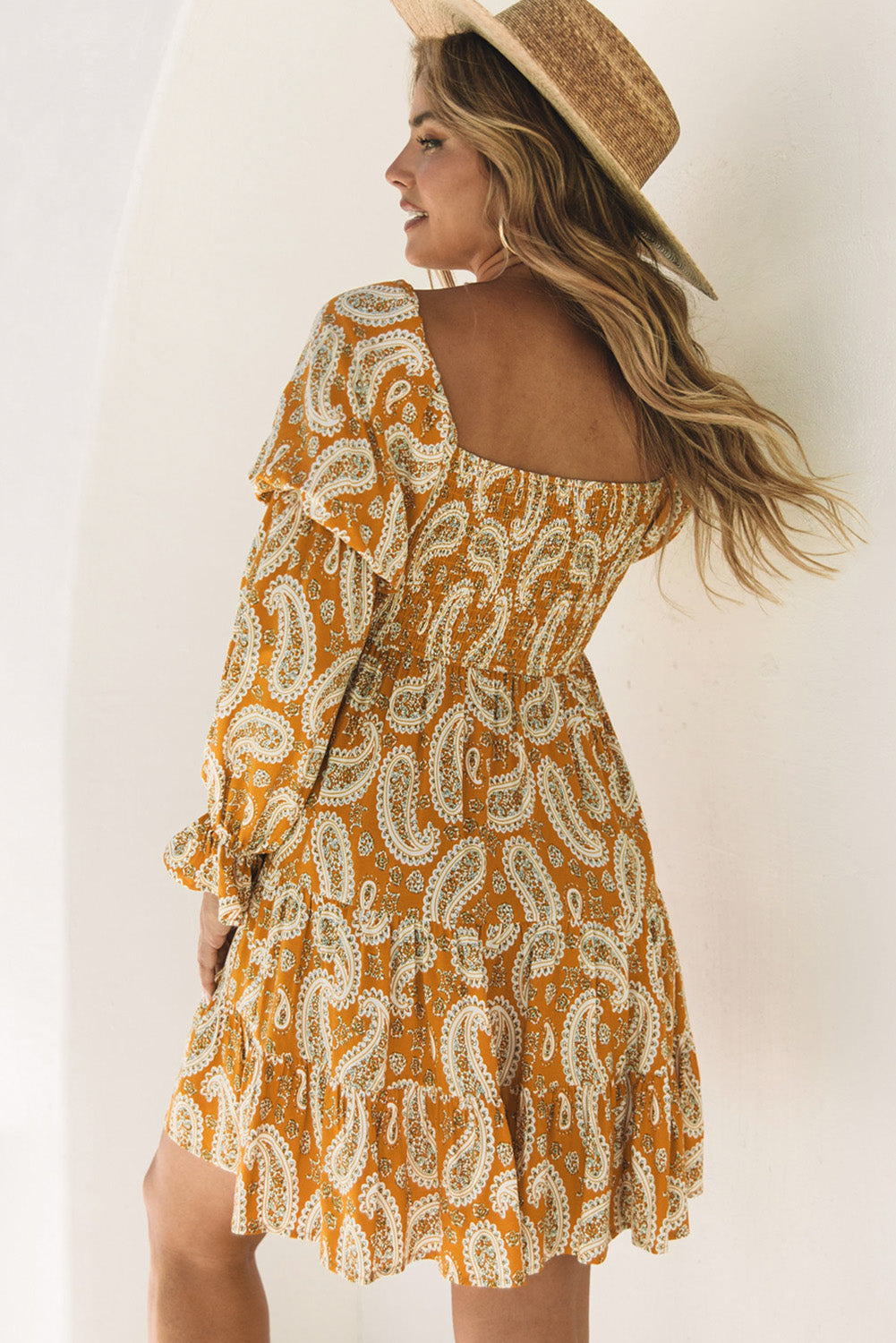 Yellow Boho Paisley Floral Print Long Sleeve Short Dress - Eloy Royal