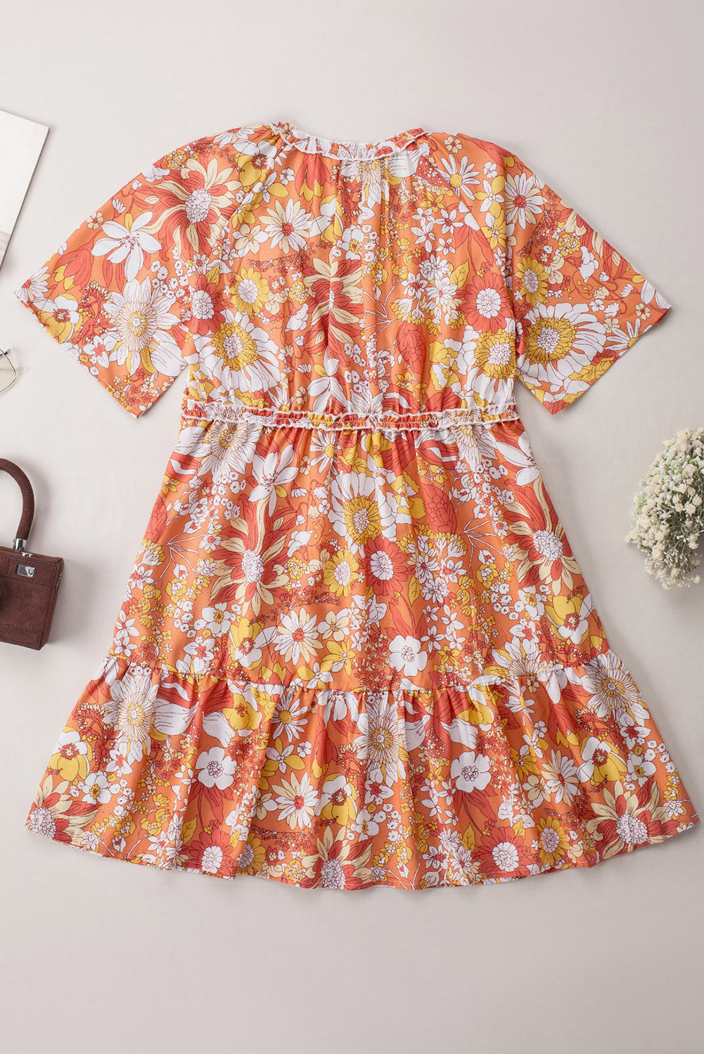 Orange Wide Flutter Sleeve V Neck Floral Dress - Eloy Royal