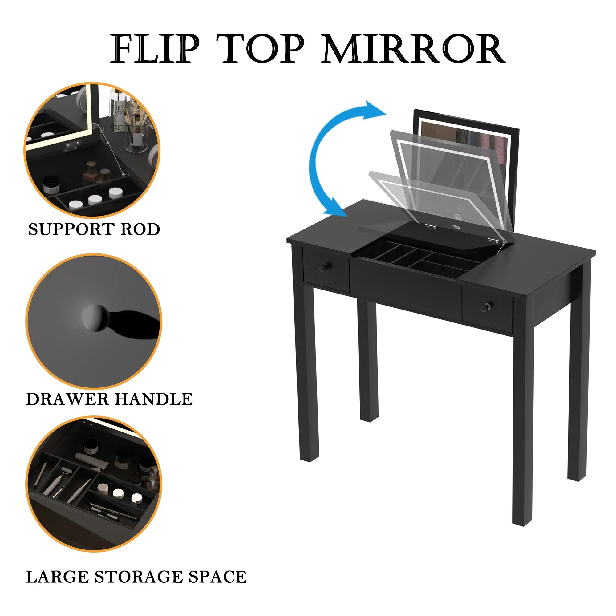 Makeup Vanity Desk with Mirror - 3-Level Adjustable LED Lighting, Flip-Top Storage 2 Drawers & 3 Removable Organizer Boxes, Multifunctional Compact Dressing Table for Bedroom, 15.75 Inch Width-Black - Eloy Royal