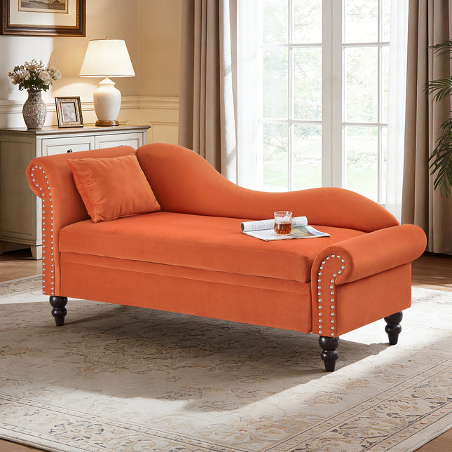 64.5'' Modern Velvet Chaise Lounge,Lounge Sofa with Storage for Bedroom, Living Room and Office , Lounge Chair with Left Armrest & Lumbar Pillow,Round Armrest with Silver Nails Decoration,Orange