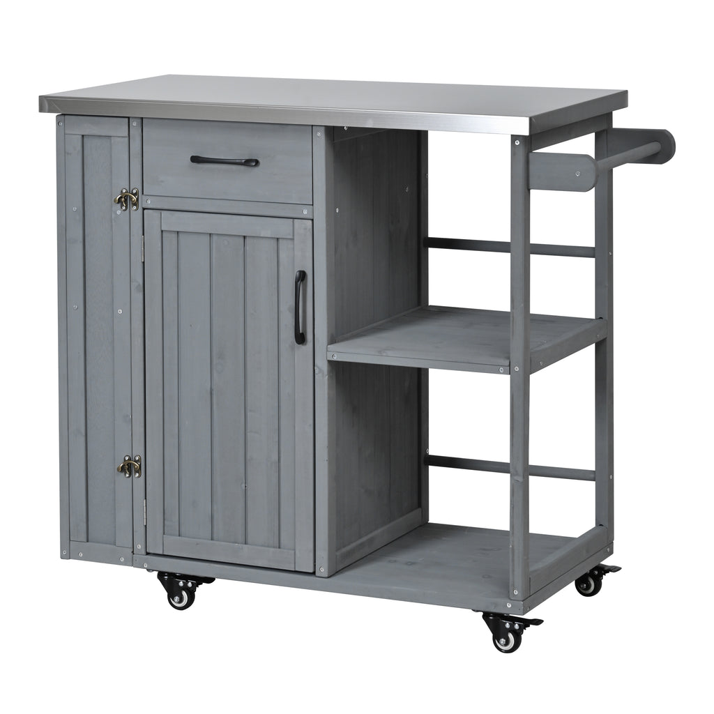 Outdoor Kitchen Island Fir Wood Prep Station with Stainless Steel Top, Lockable Wheels, Ample Storage, Towel & Spice Racks, Grey