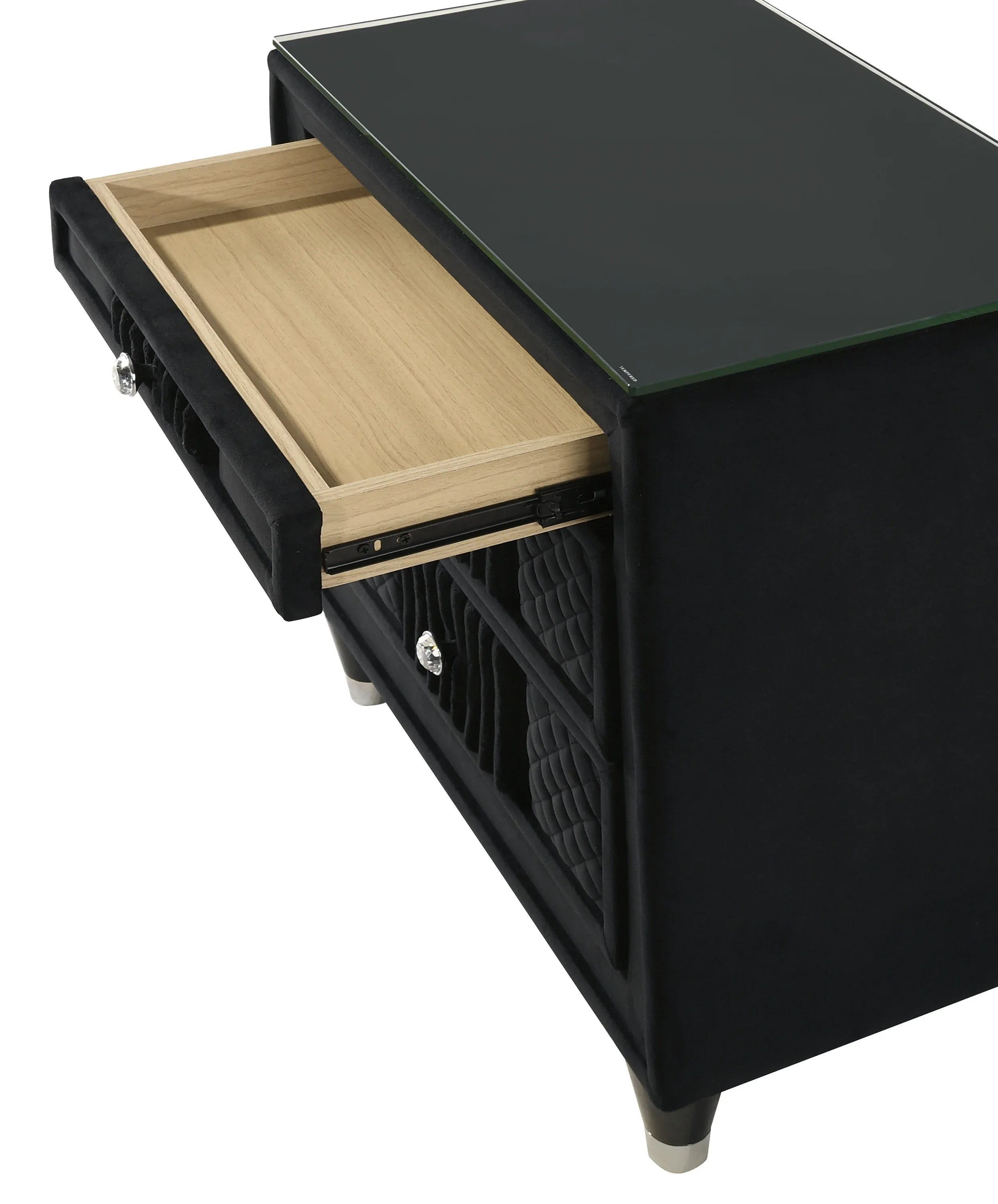 Contemporary 1pc Nightstand Black Velvet Upholstery Textured Look Luxurious Feel Velvet Drawer Fronts Crystal-style Knobs - Eloy Royal