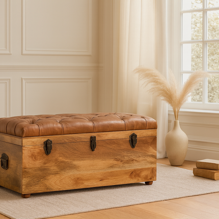 Solid Wood Buffalo Hide Oak-ish Storage Trunk, Leather Upholstered, Brown and Tan