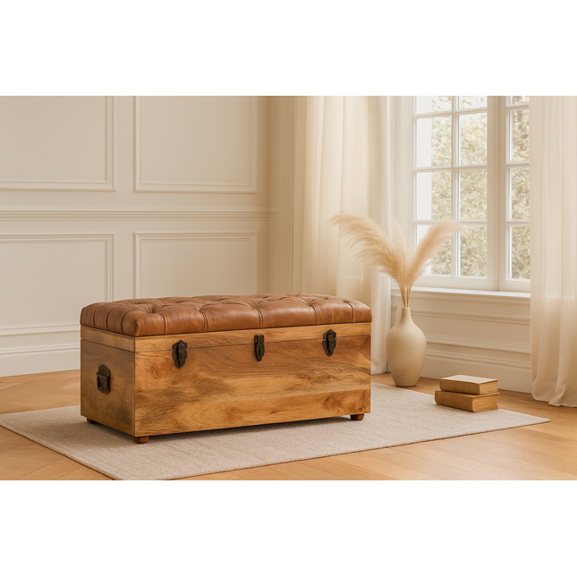 Solid Wood Buffalo Hide Oak-ish Storage Trunk, Leather Upholstered, Brown and Tan