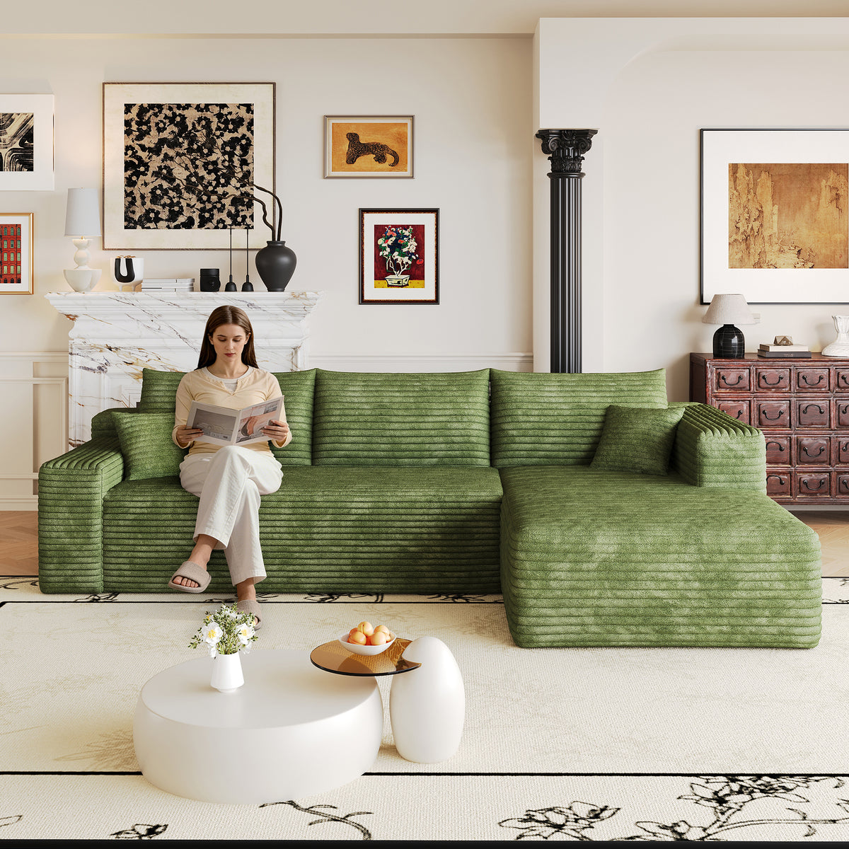 103' Cloud Sectional Sofa,Modern Minimalist Upholstered Couches, Comfort L Shaped Sofa for Living Room,Deep Seat Corner Couch,No Assembly Required,Green(Plush Corduroy Fabric)