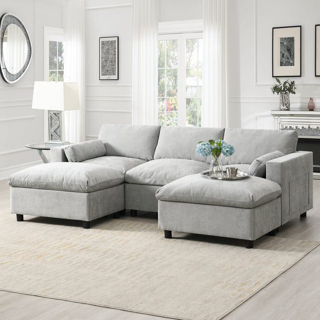 84.5'' Modular Sectional Sofa with Storage Pockets, 5 Seat U Shaped Chenille Couch Set with Pillows, Free Combination Modern Cloud Sofa with Movable Ottoman