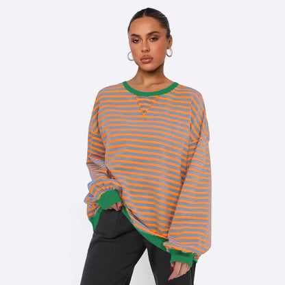 Women's Fashion Round Neck Striped Sweater Loose Bishop Sleeves Top