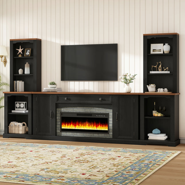 3-Piece Entertainment Center with Mantel - Electric Fireplace Heater for TVs Up to 70', Walnut TV Stand Set with Storage, Farmhouse TV Cabinet with Bookshelves for Living Room, Black