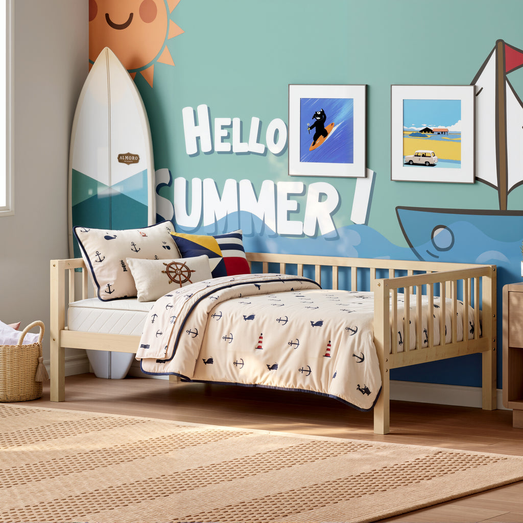 Twin Size Daybed, 3-Sided Vertical Slat Guardrail Bed Frame, Breathable Wooden Slat Support Leisure Bed for Home Bedroom,Natural