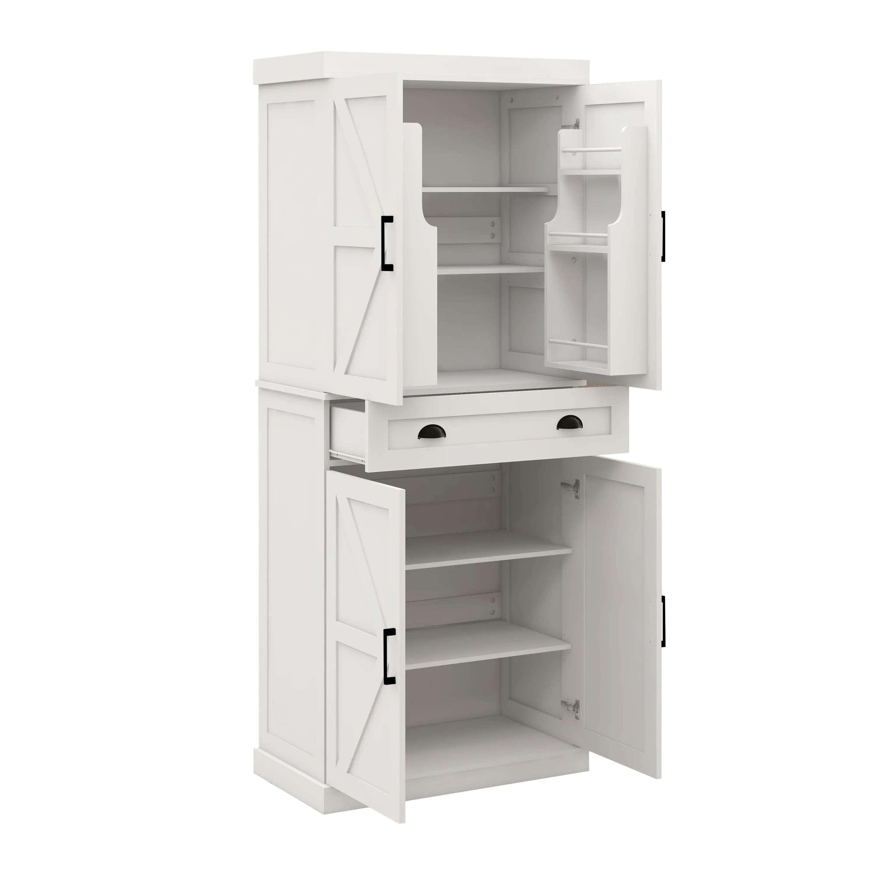 71' Kitchen Pantry Storage Cabinet with 4 Doors(2Doors with Racks),1 Drawer, 2 Adjustable Shelves, Freestanding Cupboard for Kitchen, Dining Room and Living Room-White - Eloy Royal