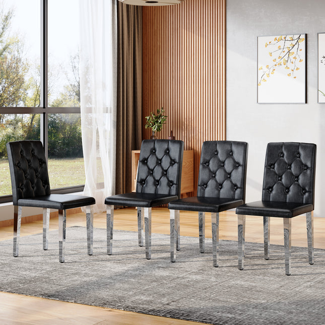 4-pack black PU dining chairs: ergonomic buckle backrest, 35 inches high, silver metal legs,Combines Comfort and Texture.Perfectly suitable for family dining rooms, hotel banquet halls,etc