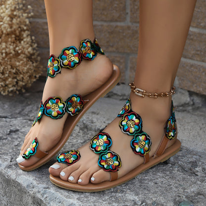 Ethnic Style Flowers Flat Sandals Summer Vacation Casual Clip Toe Beach Shoes For Women - Eloy Royal