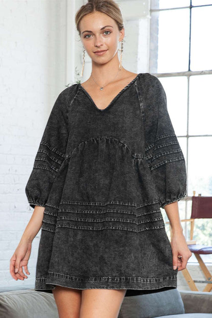 Black Dark Wash Empire Waist V Neck Denim Dress