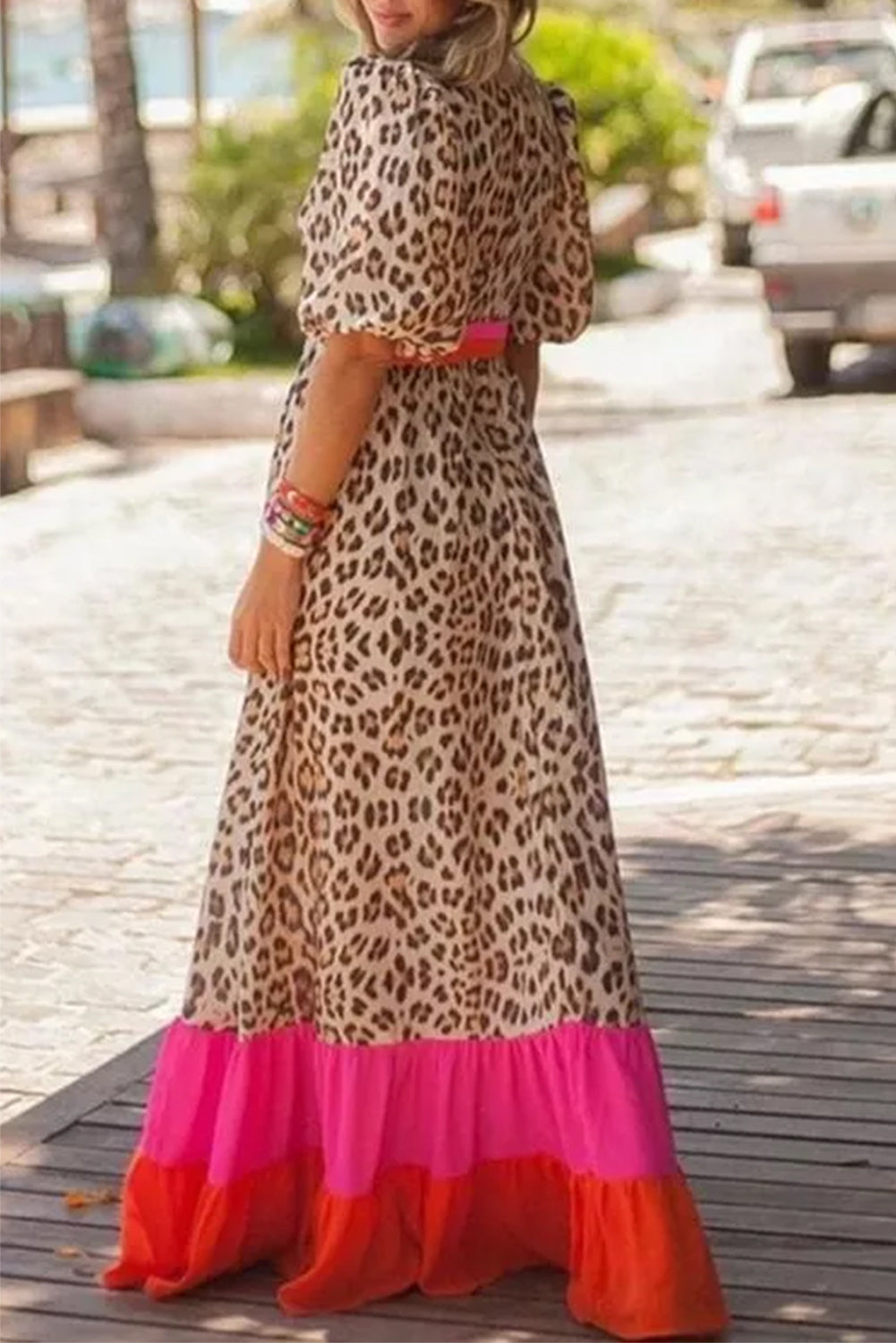 Bright Pink V-neck Leopard Print Colorblock Maxi Dress - Eloy Royal