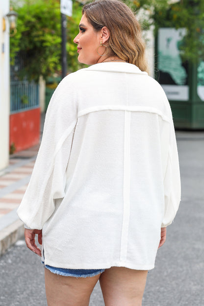 White Plus Size Long Sleeve Flap Pocket Henley Top - Eloy Royal