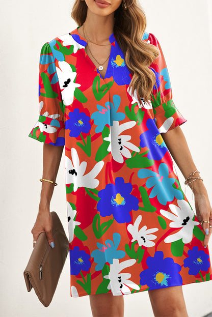 Multicolor Floral Print Mandarin Collar Short Sleeve Tunic Dress - Eloy Royal