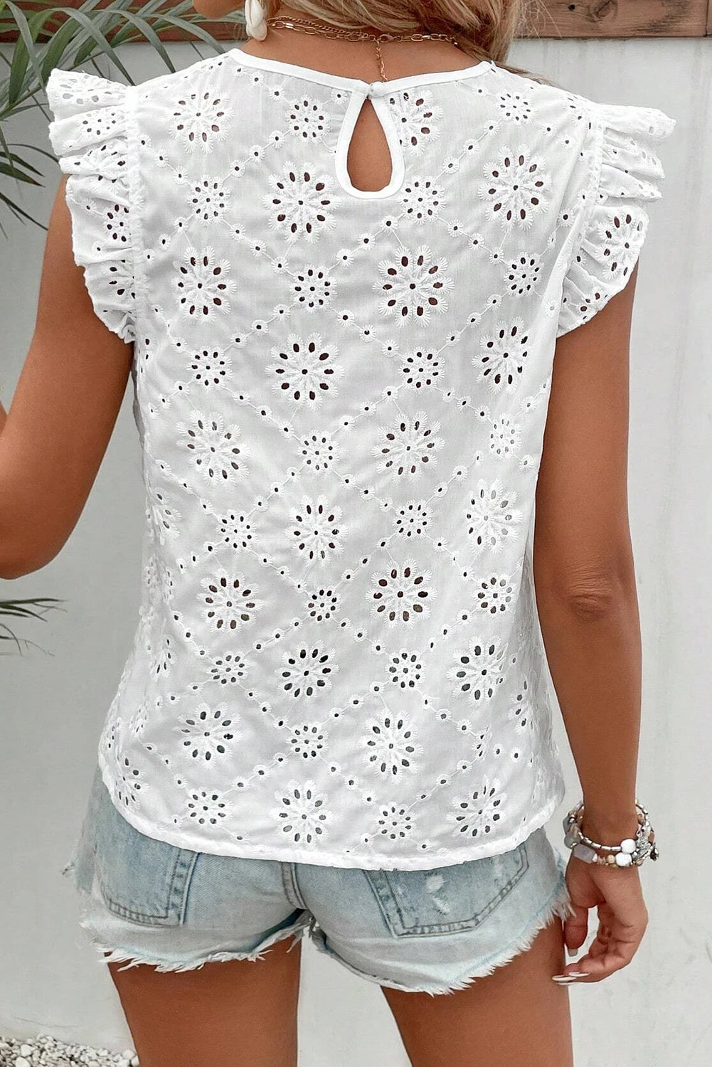 White Eyelet Embroidered Ruffle Shoulder Sleeveless Blouse - Eloy Royal