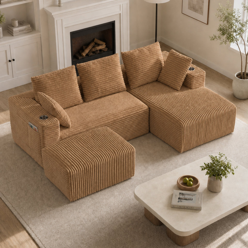 95''modular combination sofa with L-shaped lounge chair, Four seater boneless design with footrest