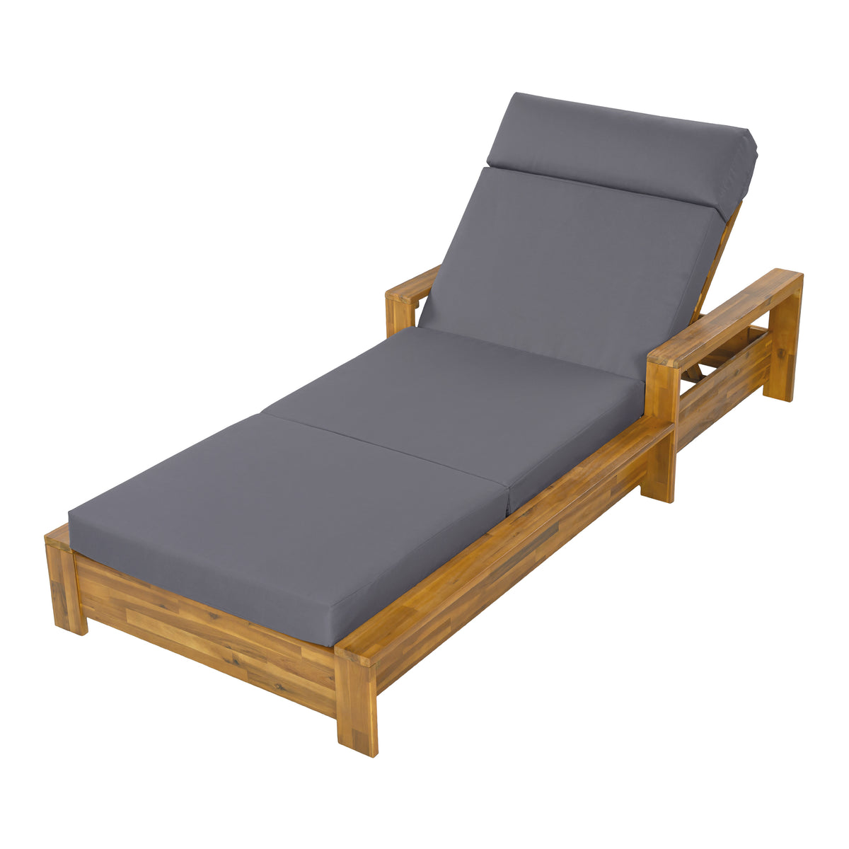 Teak Finish Acacia Wood Chaise Lounge with Dark Grey 4-Fold Cushion, 3-Position Adjustable, Water Resistant for Patio Pool