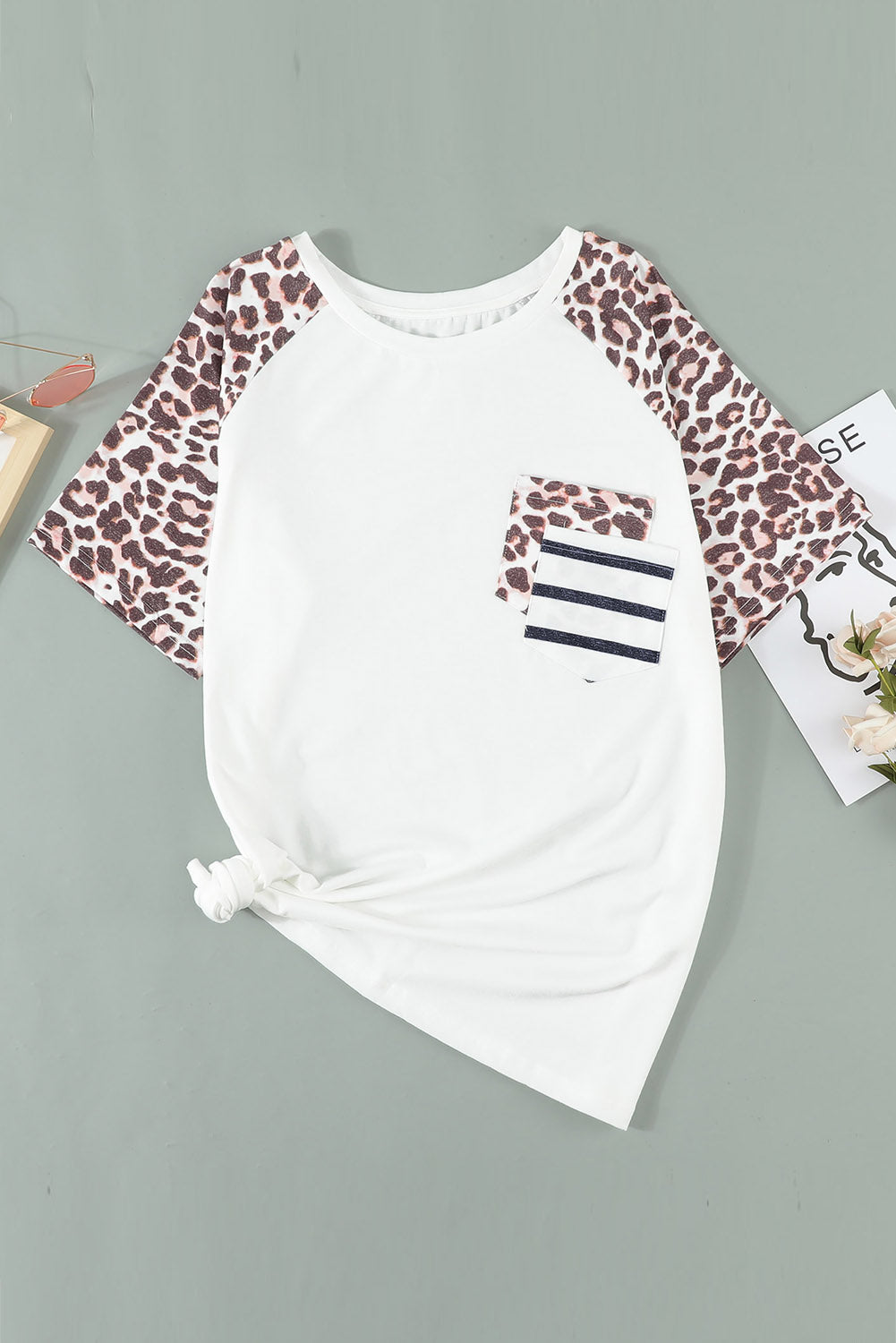 White Leopard Striped Double Pocket Plus Size Tee - Eloy Royal