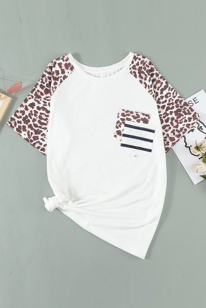 White Leopard Striped Double Pocket Plus Size Tee - Eloy Royal