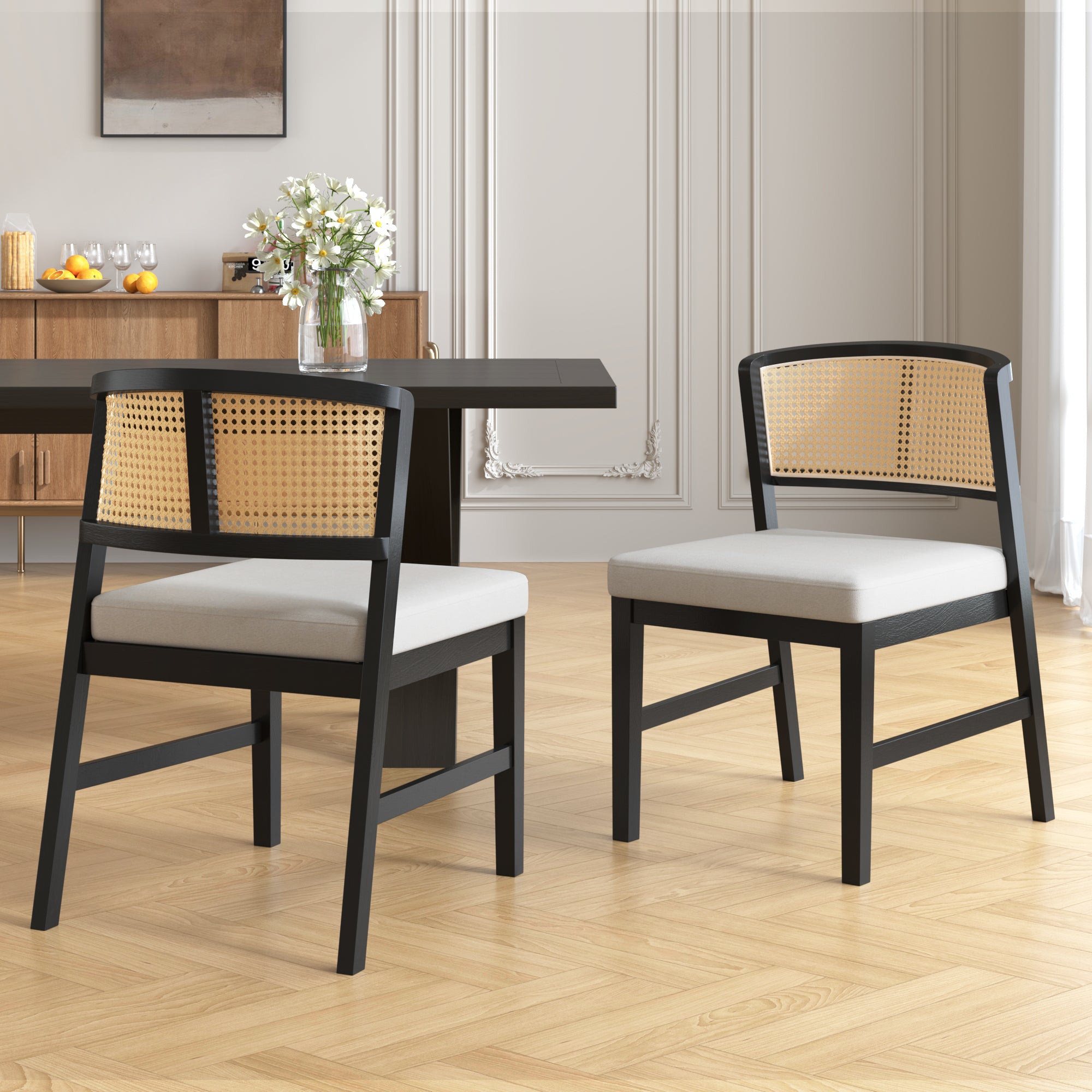 Rattan Dining Chairs Set of 2, Fabric Upholstered Kitchen Side Chair, Curved Rattan Back, with  Hardwood Frame, Armless Chairs for Kitchen/Restaurant, Black