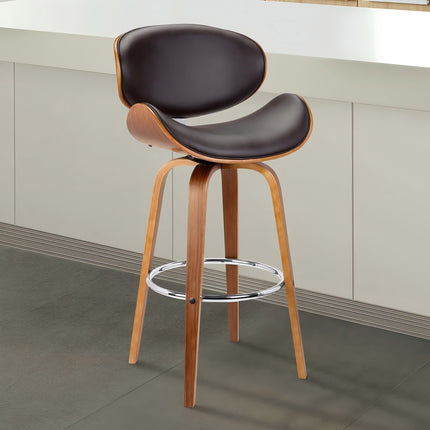 Vlang 26' Swivel Brown Faux Leather and Walnut Wood Counter Stool