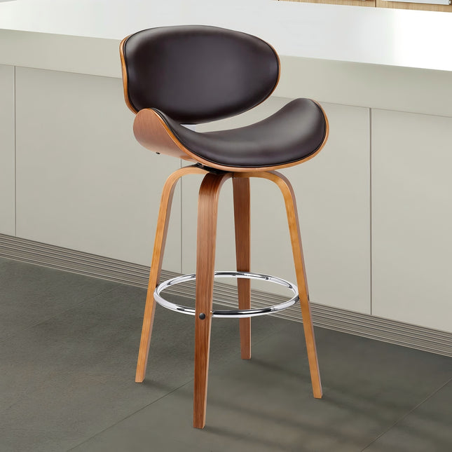 Vlang 26' Swivel Brown Faux Leather and Walnut Wood Counter Stool