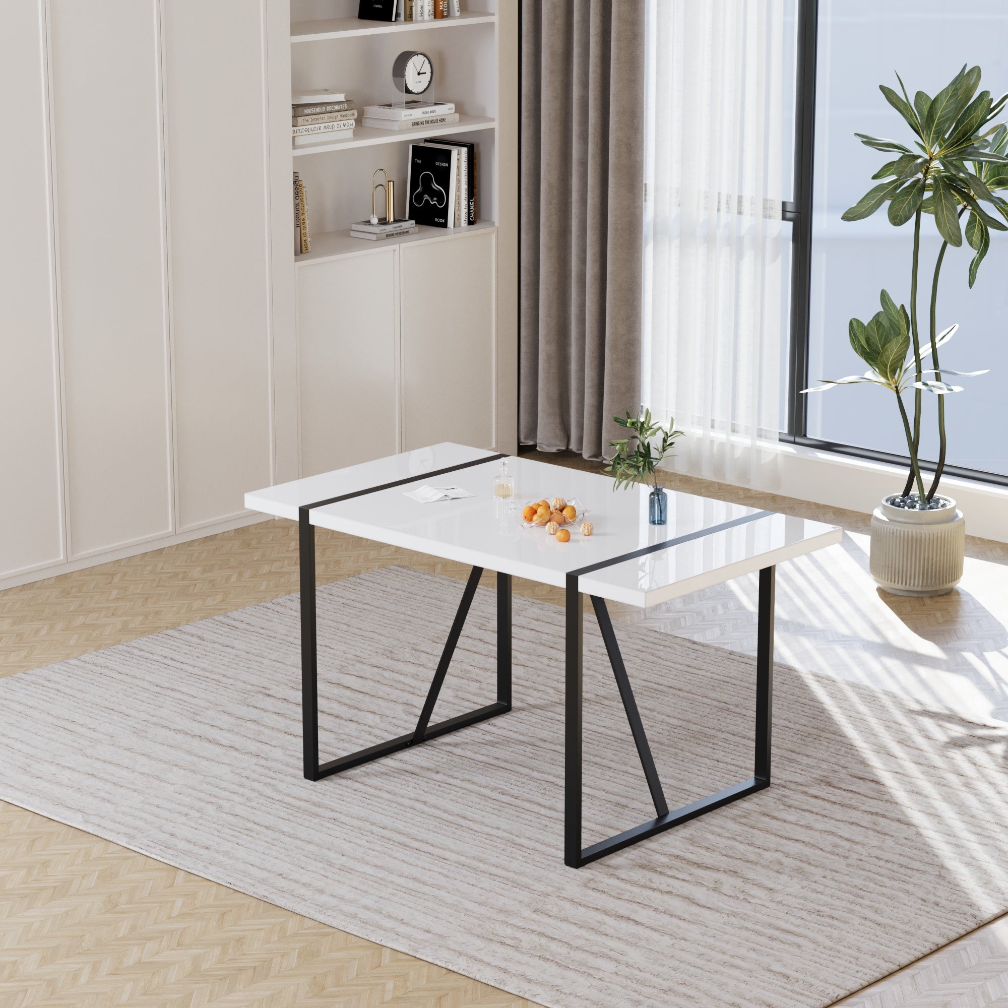 55 ' modern rural industrial rectangular MDF white dining table, suitable for 4-6 people, equipped with black rectangular metal legs, used for home & kitchen
