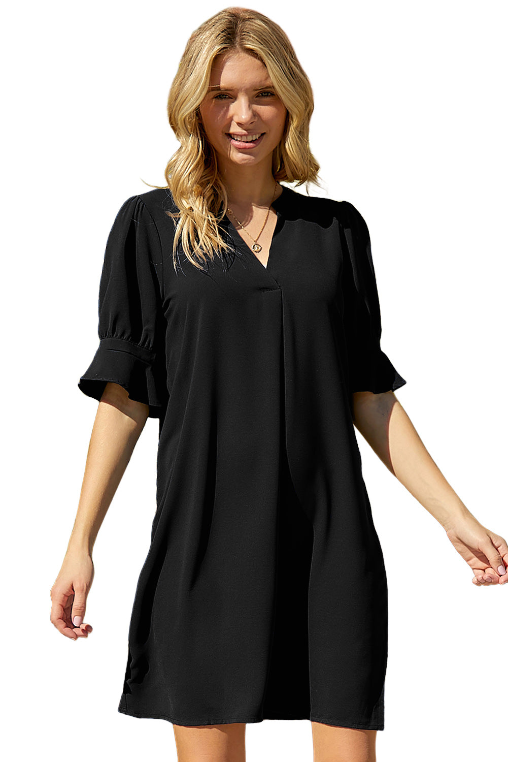 Black Split V Neck Short Sleeve Casual Tunic Dress - Eloy Royal