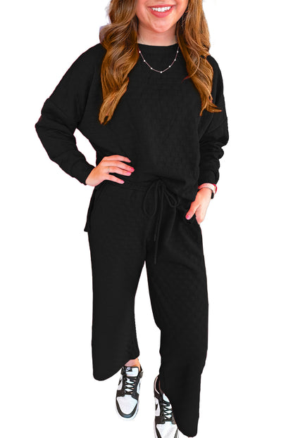 Black Checkered Textured Split Pullover Top and Pants Set