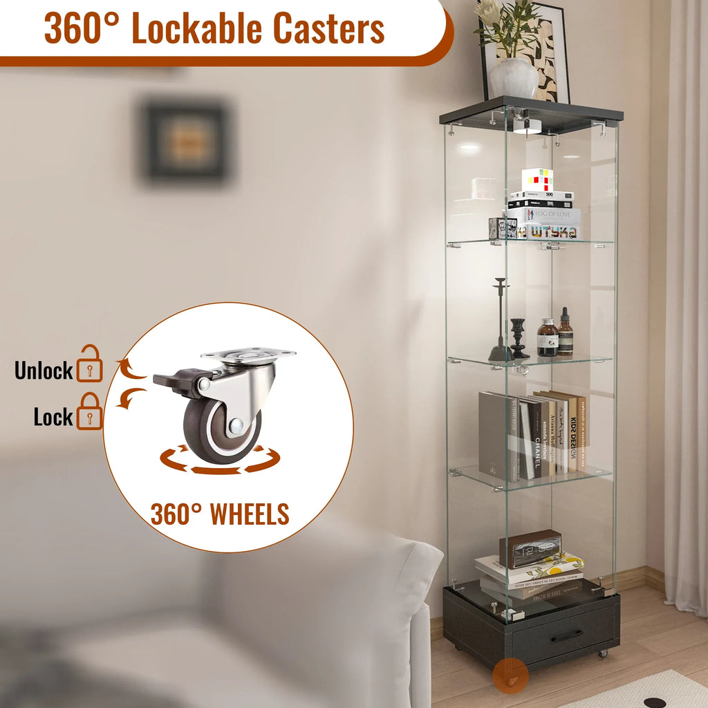 Modern Glass Display Cabinet with Drawer , Quick-assembly Antique Cabinet with LED lights, Tempered Glass Bookshelf, 1-Door Storage Case with 4 Shelves for Living Room and Bedroom, black - Eloy Royal