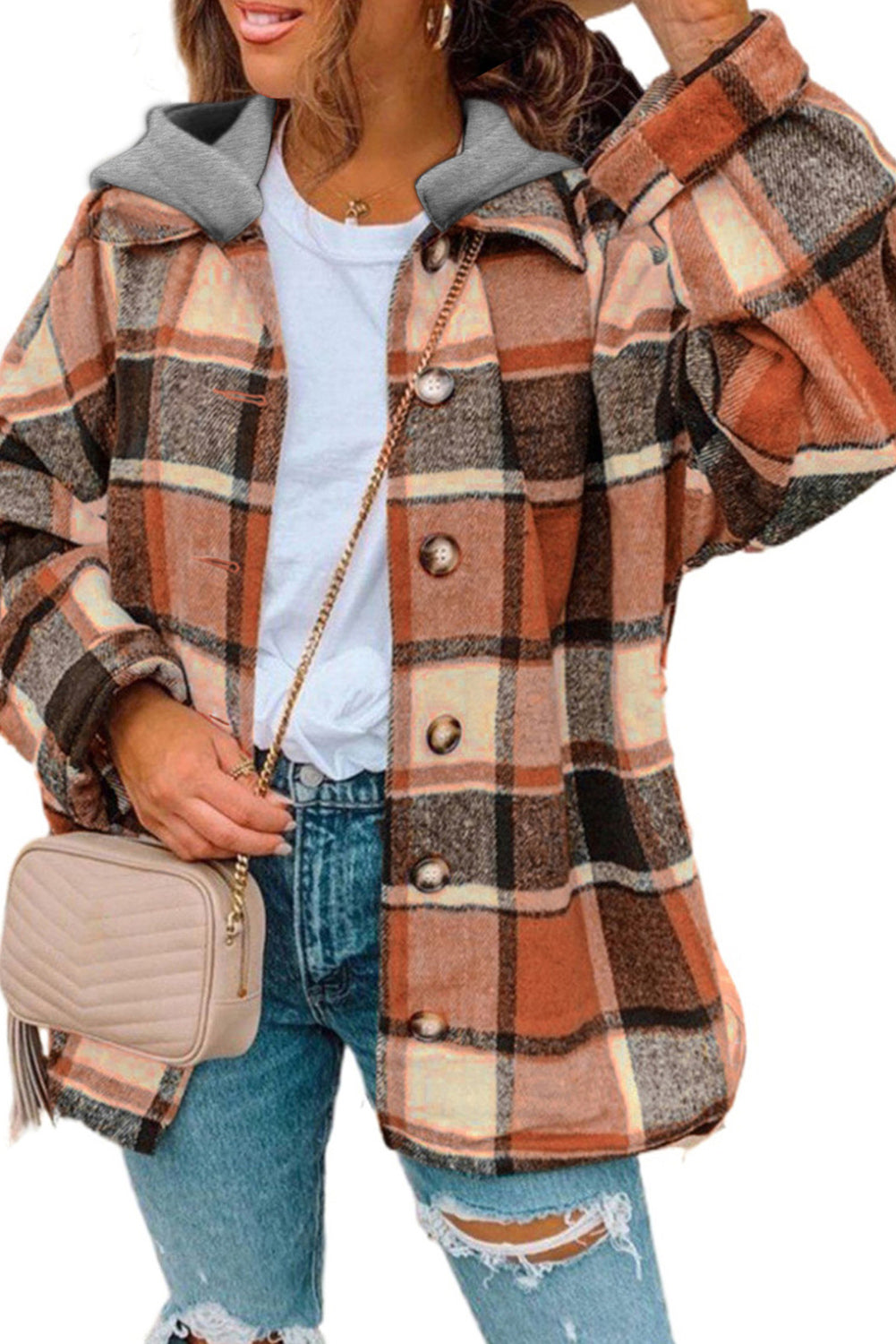 Orange Plaid Button Front Hooded Shacket - Eloy Royal